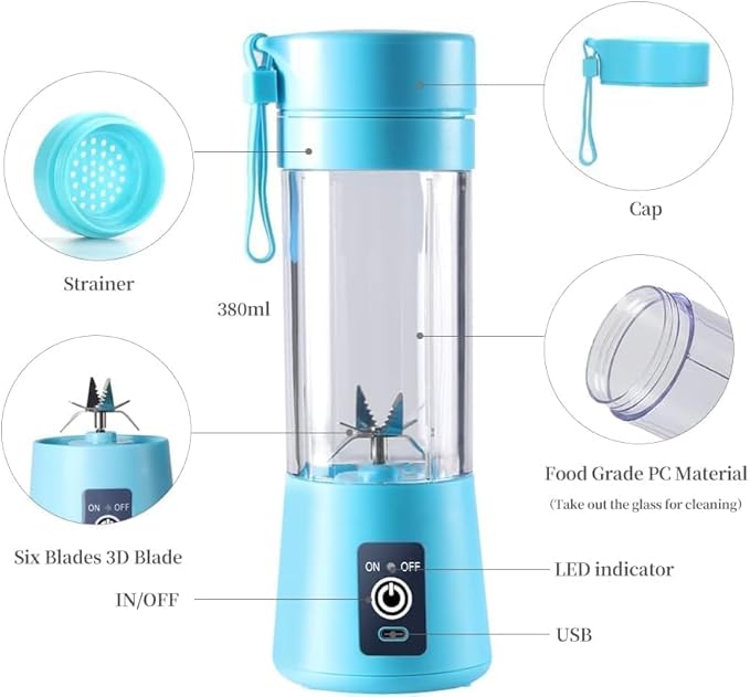 6 Blade USB Rechargeable Portable Juicer Blender Heavy Quality– 380ml