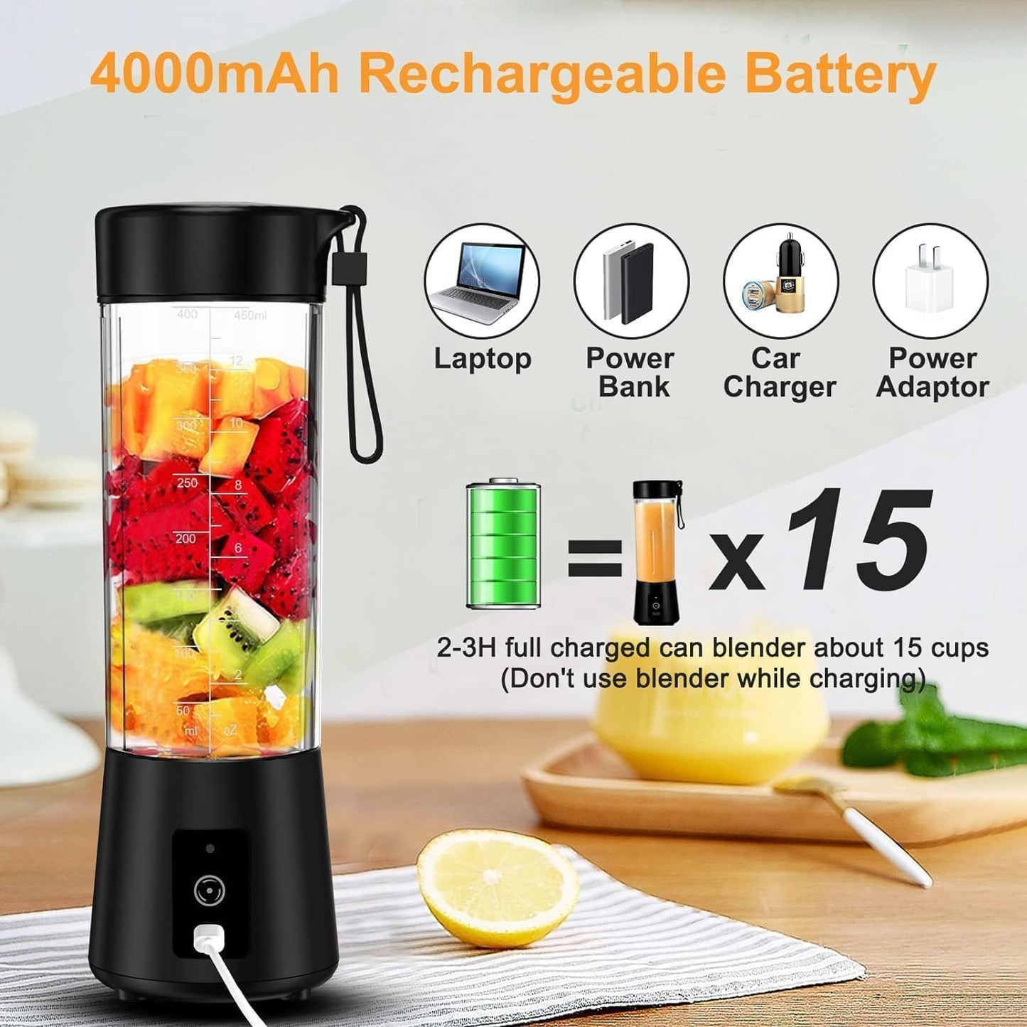 6 Blade USB Rechargeable Portable Juicer Blender Heavy Quality– 380ml