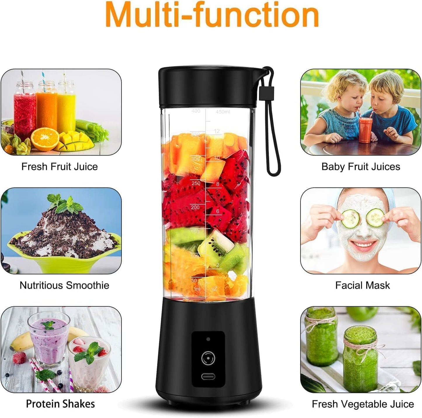6 Blade USB Rechargeable Portable Juicer Blender Heavy Quality– 380ml