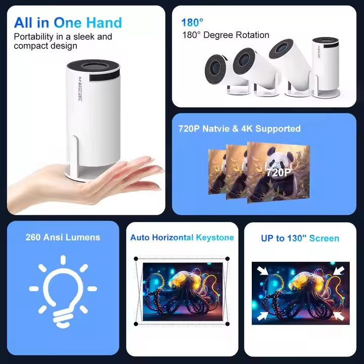 Mini Projector with Android 11, Mini Video Projector Hy300 200Ansi 8000 Lumens, 4K WiFi 5G Bluetooth 5.0 Projector, 180° Cinema Projector Can Rotate for Tv Stick