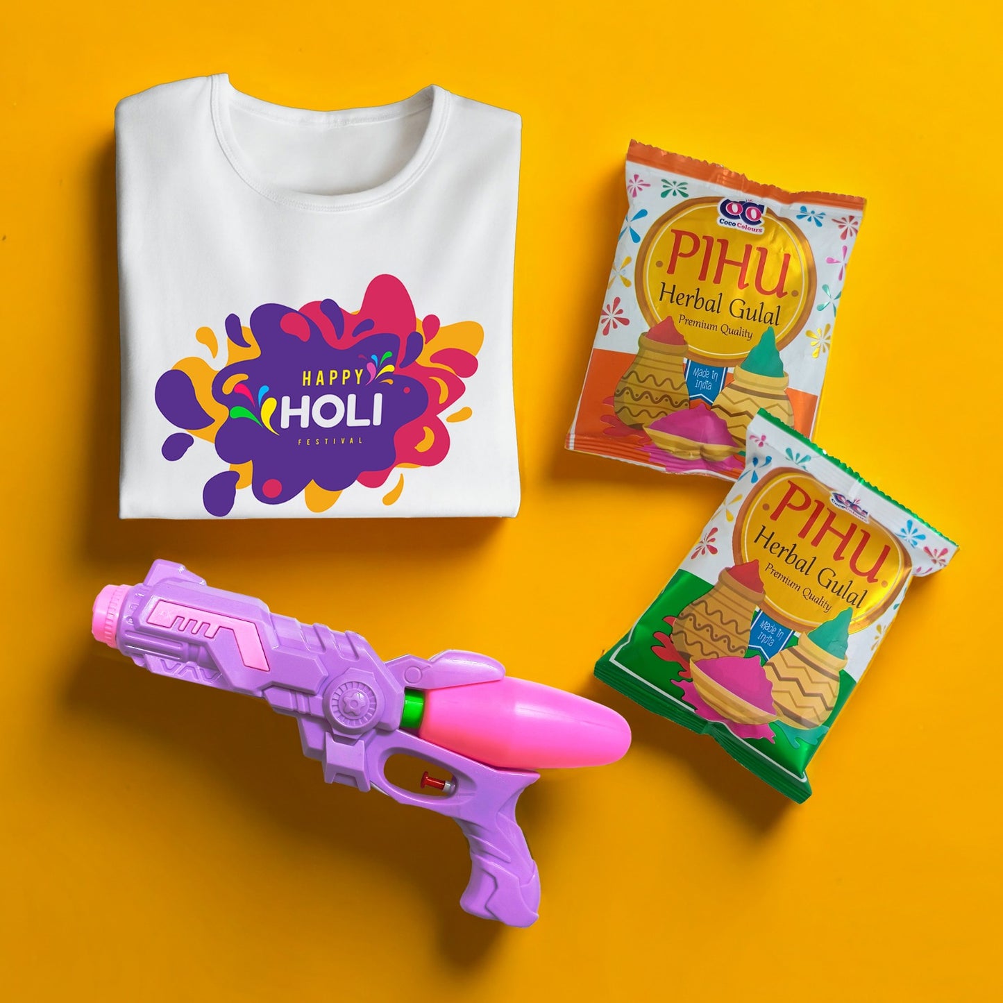 Holi Celebration Combo Kit – Premium Pichkari, Herbal Gulal & Unisex T-Shirt
