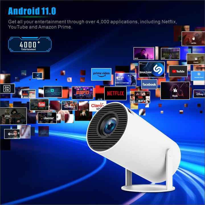 Mini Projector with Android 11, Mini Video Projector Hy300 200Ansi 8000 Lumens, 4K WiFi 5G Bluetooth 5.0 Projector, 180° Cinema Projector Can Rotate for Tv Stick